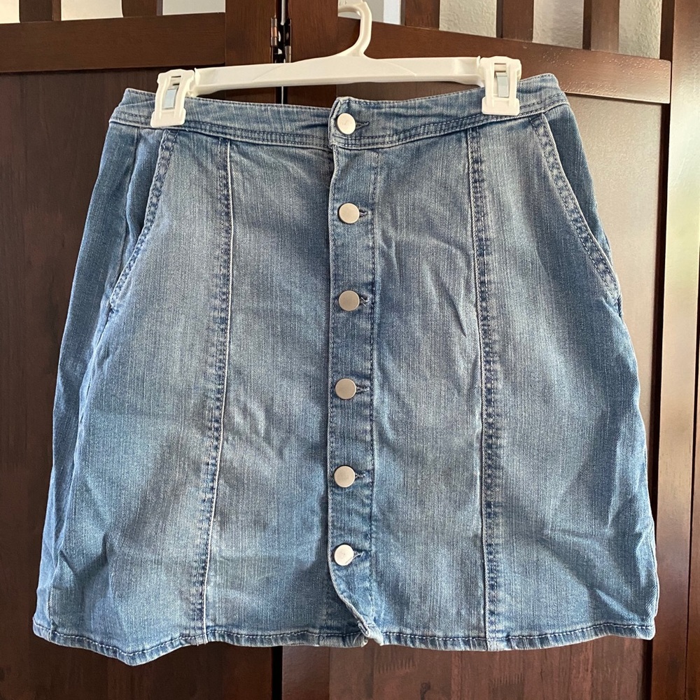 light wash denim button up skirt